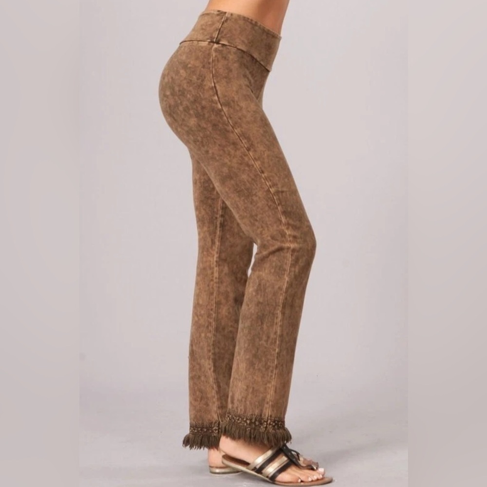 Chatoyant Mineral Wash Crochet Fringe Pant Chestnut Brown Small